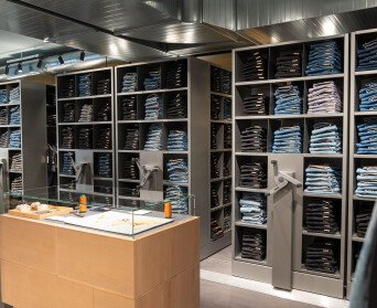 Nudie Jeans mobile retail storage on shop floor